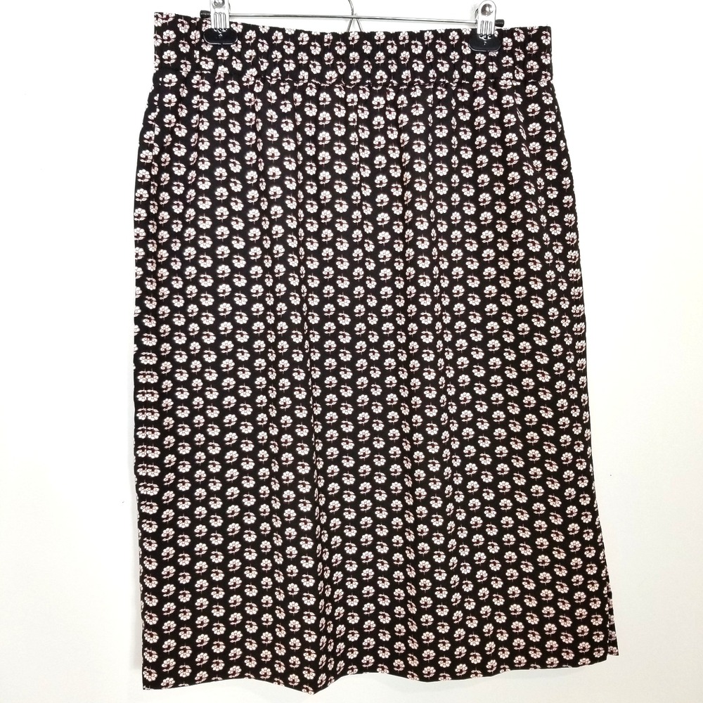 J. Crew Black and Pink Floral Midi Skirt Women Sz L Elastic Waist Summer Boho